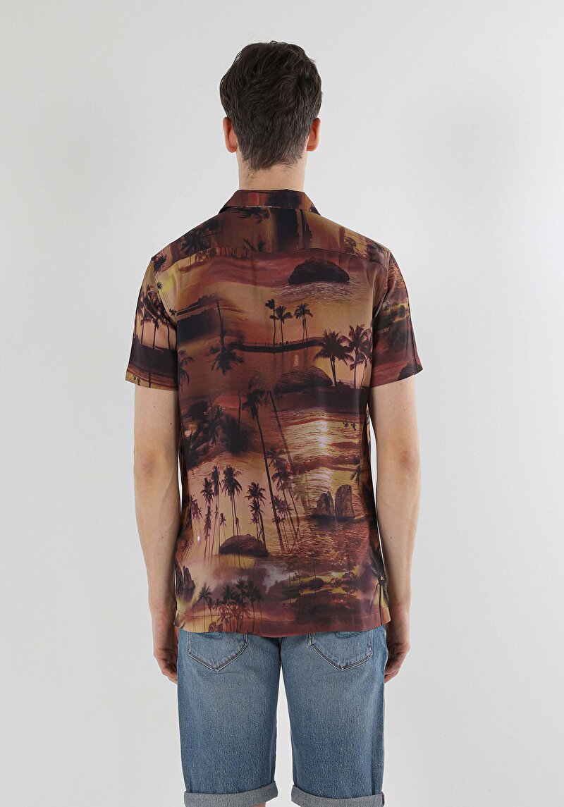 Regular Fit Shirt Neck Baskılı Erkek Kahverengi Kısa Kol Gömlek