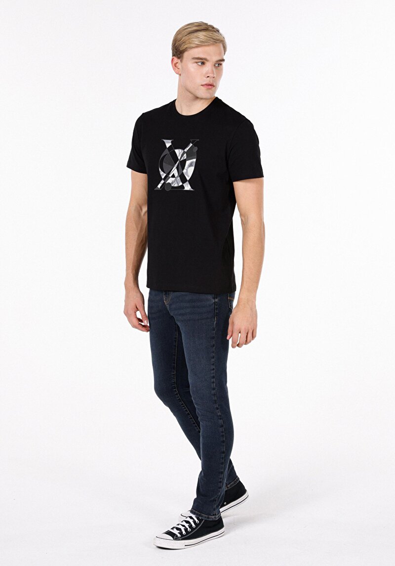 Regular Fit Yuvarlak Yaka Baskılı Erkek Siyah Kısa Kol Tişört