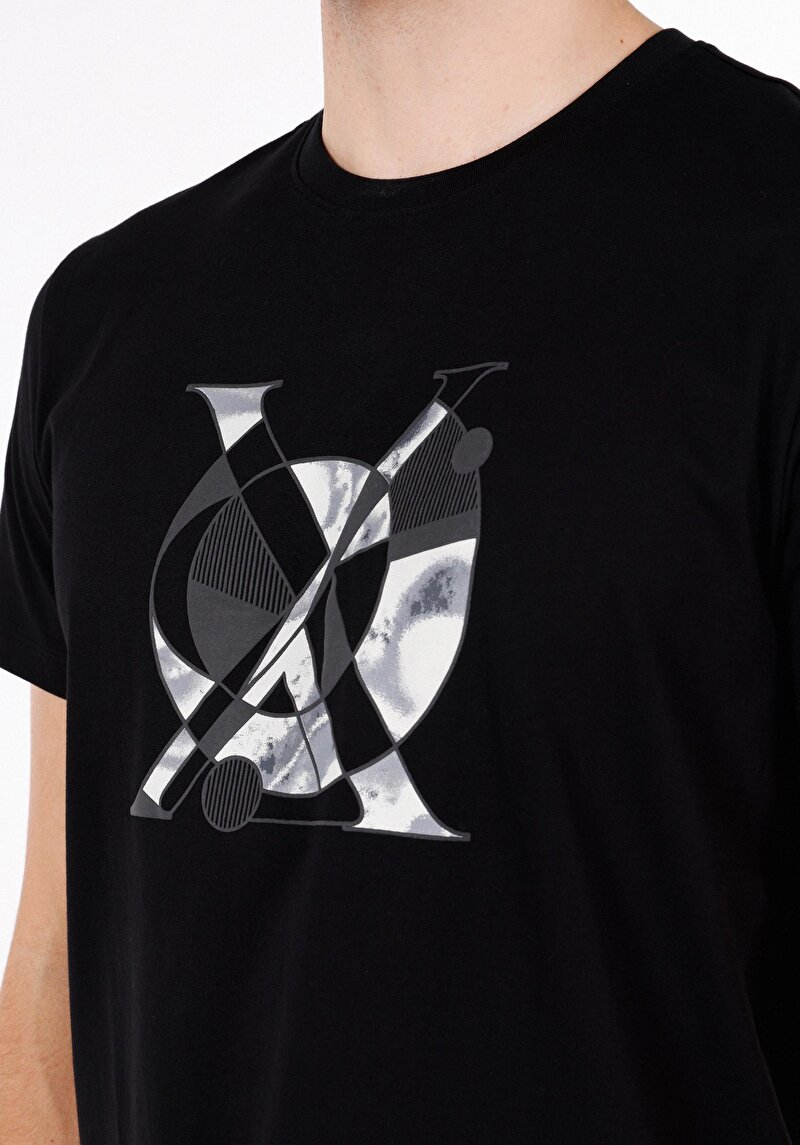 Regular Fit Yuvarlak Yaka Baskılı Erkek Siyah Kısa Kol Tişört