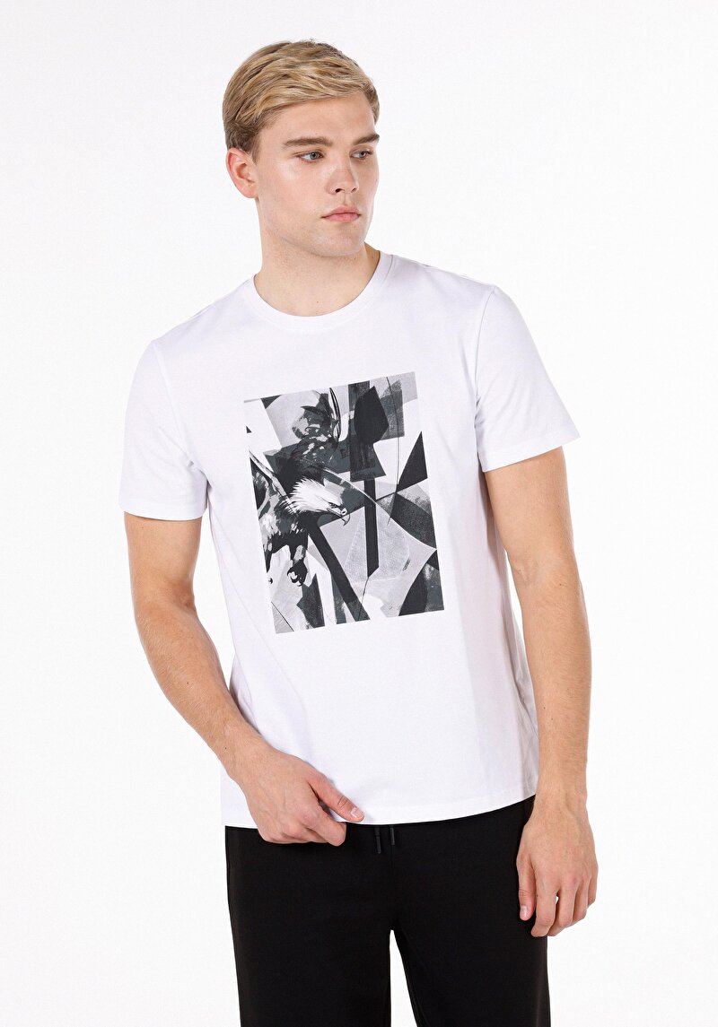 Regular Fit Yuvarlak Yaka Baskılı Erkek Beyaz Kısa Kol Tişört