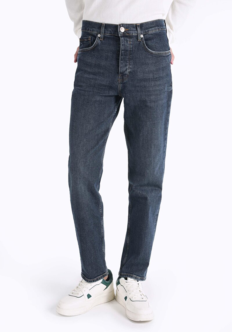 Loose Straight Fit Orta Bel Düz Paça Erkek Koyu İndigo Jean Pantolon