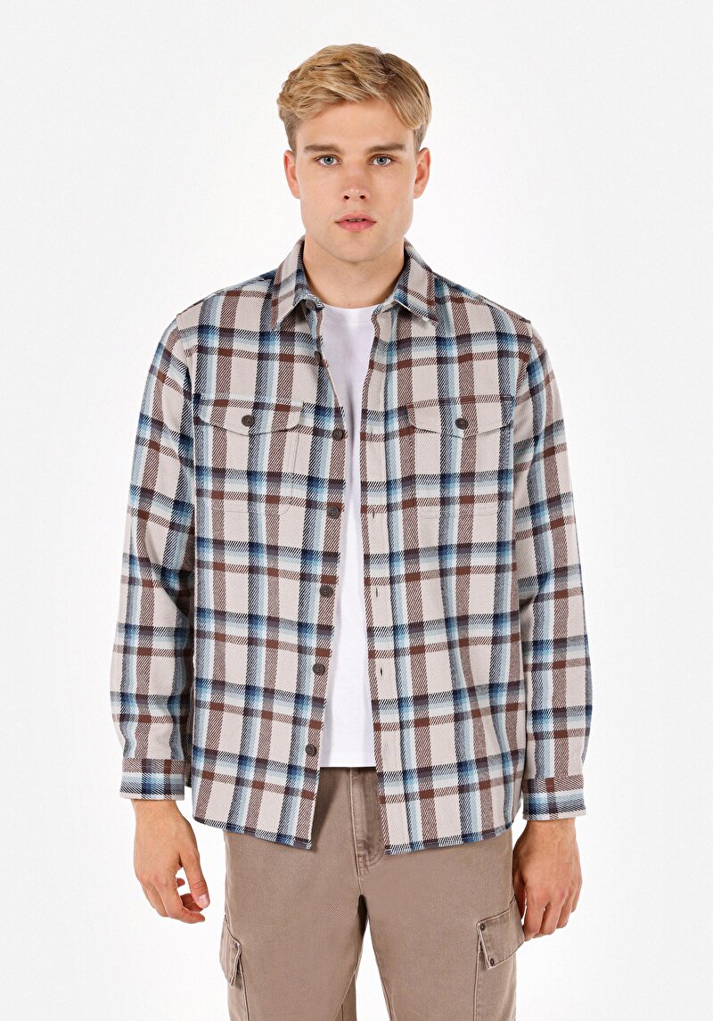 Comfort Fit Shirt Neck Ekoseli Erkek Çok Renkli Uzun Kol Gömlek