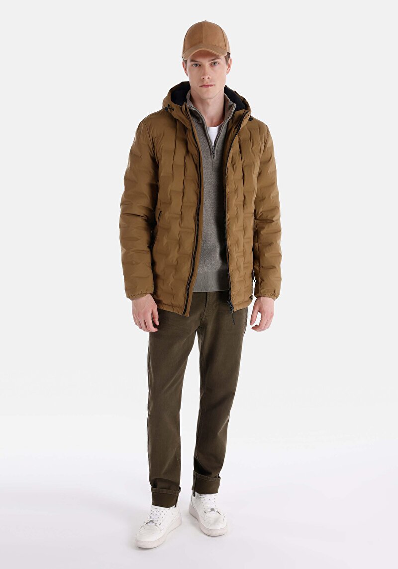 Slim Fit Fermuarlı Erkek Kahverengi Mont