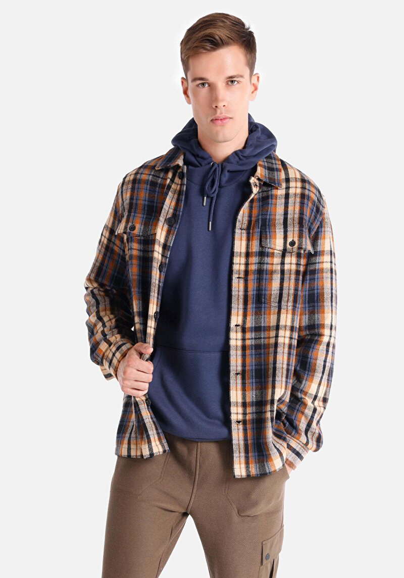 Comfort Fit Shirt Neck Ekoseli Erkek Kahverengi Uzun Kol Gömlek