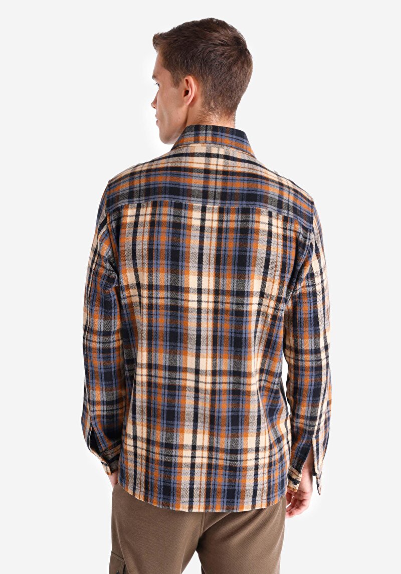 Comfort Fit Shirt Neck Ekoseli Erkek Kahverengi Uzun Kol Gömlek