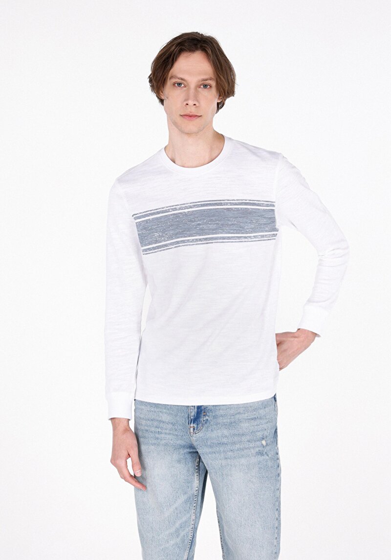Regular Fit Yuvarlak Yaka Düz Erkek Beyaz Uzun Kol Tişört