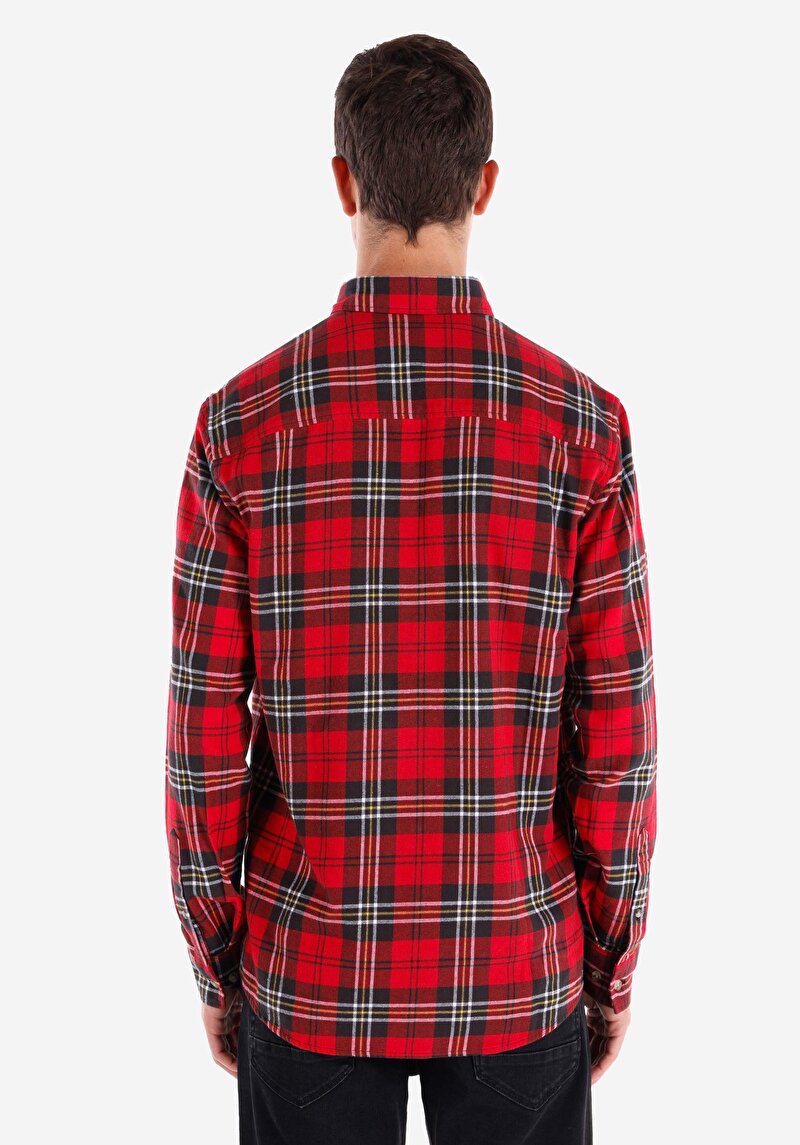 Regular Fit Shirt Neck Ekoseli Erkek Kirmizi Uzun Kol Gömlek