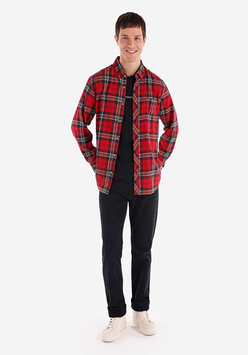Regular Fit Shirt Neck Ekoseli Erkek Kirmizi Uzun Kol Gömlek