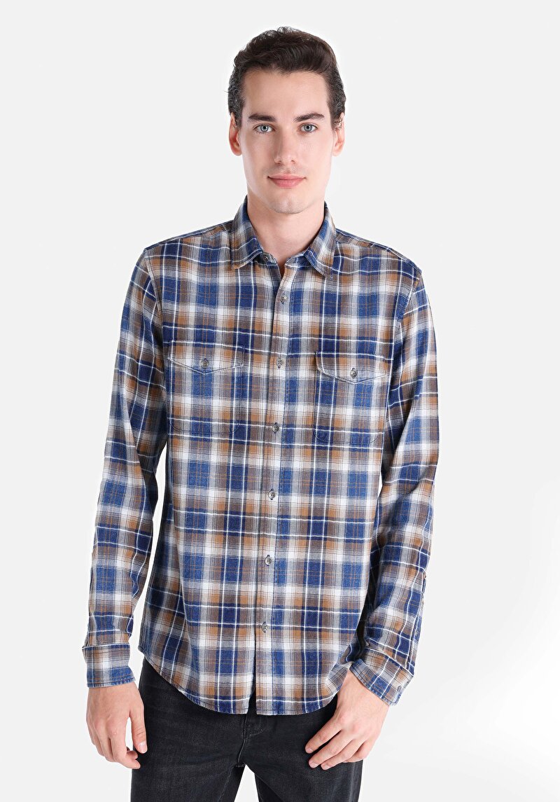 Slim Fit Shirt Neck Ekoseli Erkek Mavi Uzun Kol Gömlek