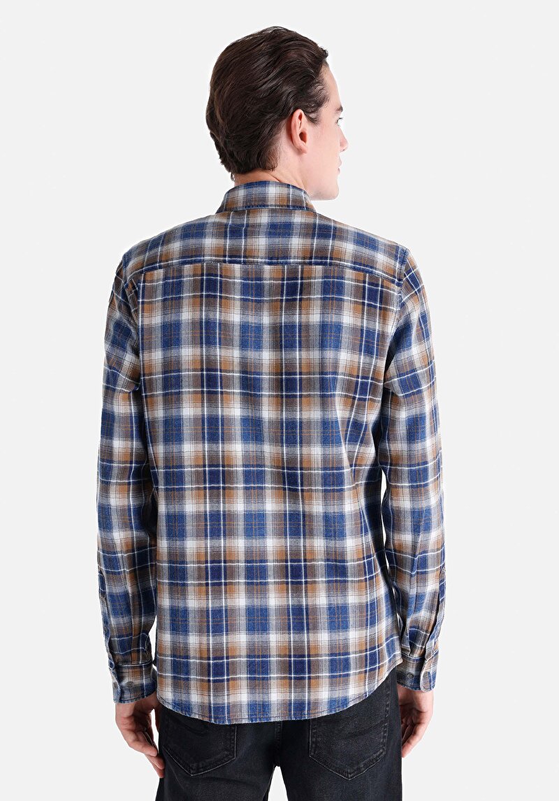 Slim Fit Shirt Neck Ekoseli Erkek Mavi Uzun Kol Gömlek