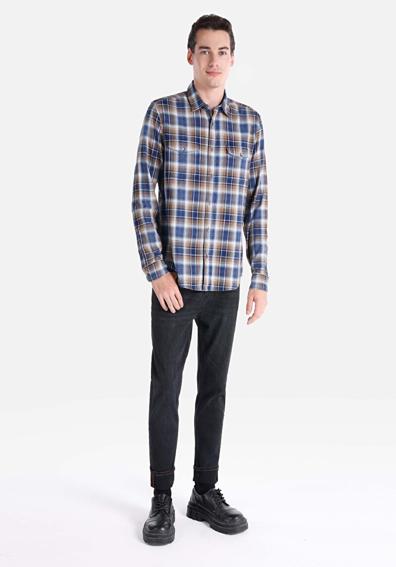 Slim Fit Shirt Neck Ekoseli Erkek Mavi Uzun Kol Gömlek