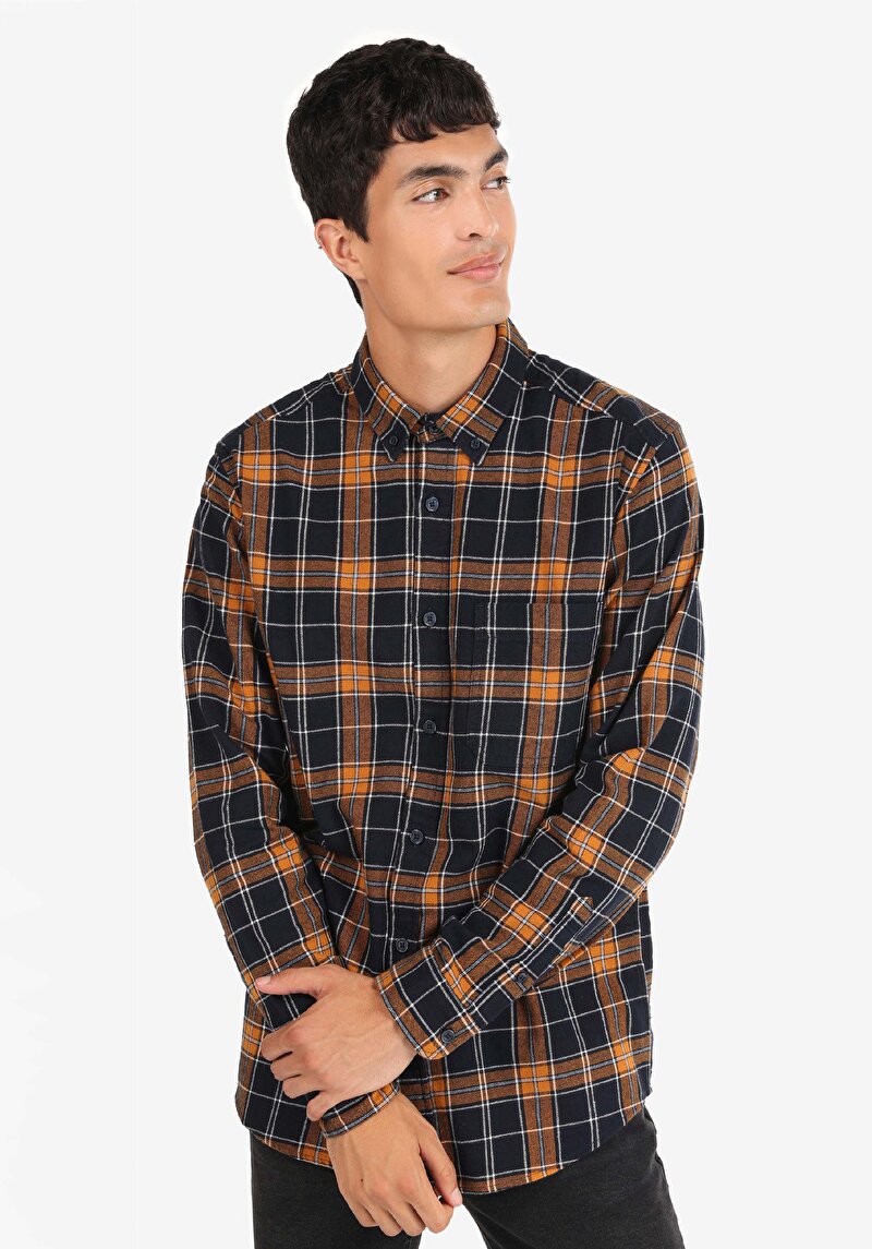 Regular Fit Shirt Neck Ekoseli Erkek Lacivert Uzun Kol Gömlek