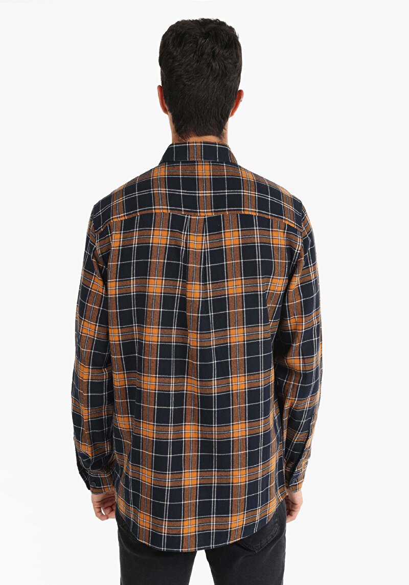 Regular Fit Shirt Neck Ekoseli Erkek Lacivert Uzun Kol Gömlek