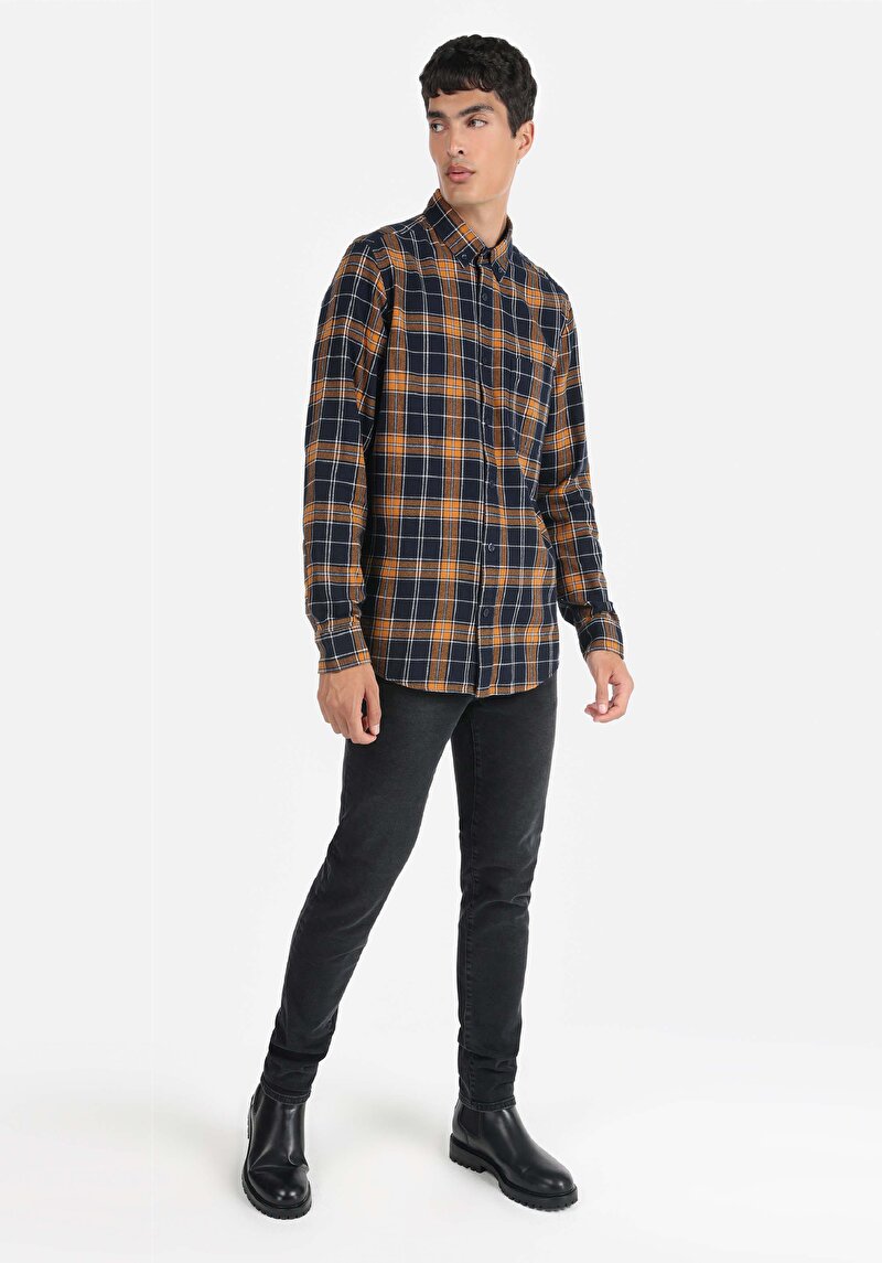 Regular Fit Shirt Neck Ekoseli Erkek Lacivert Uzun Kol Gömlek