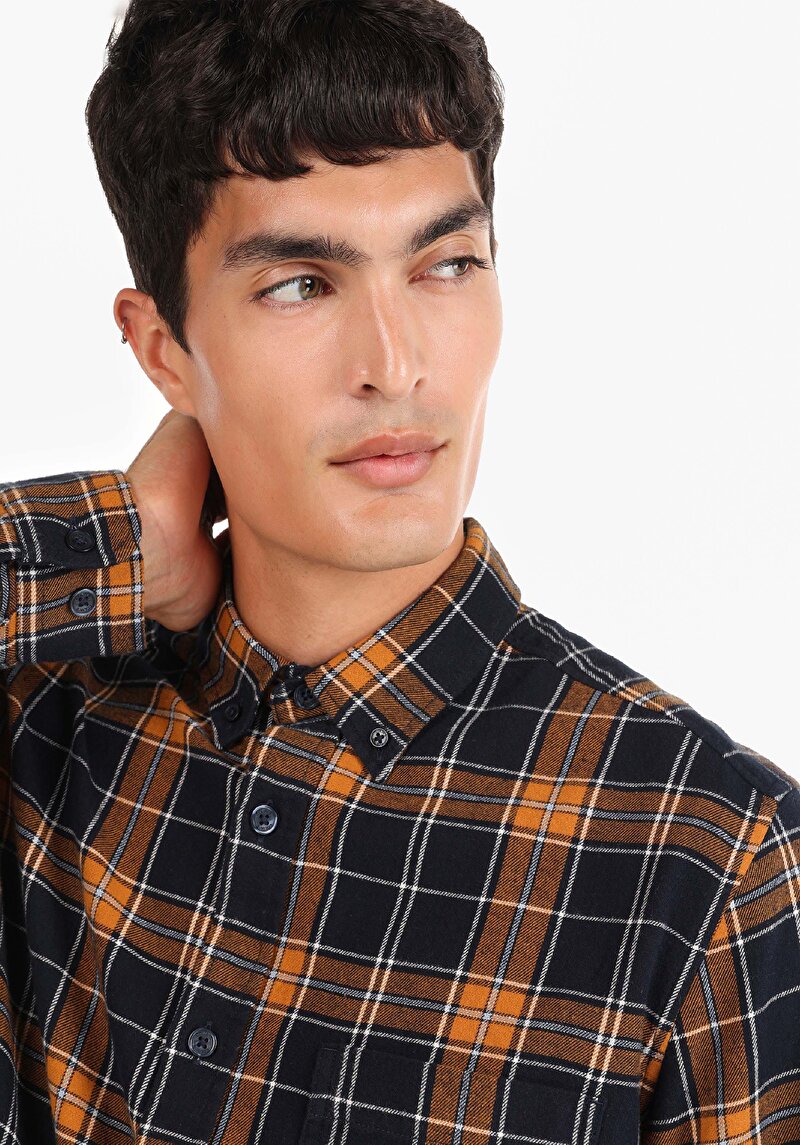 Regular Fit Shirt Neck Ekoseli Erkek Lacivert Uzun Kol Gömlek