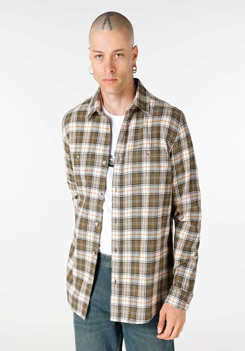 Regular Fit Shirt Neck Ekoseli Erkek Yeşil Uzun Kol Gömlek