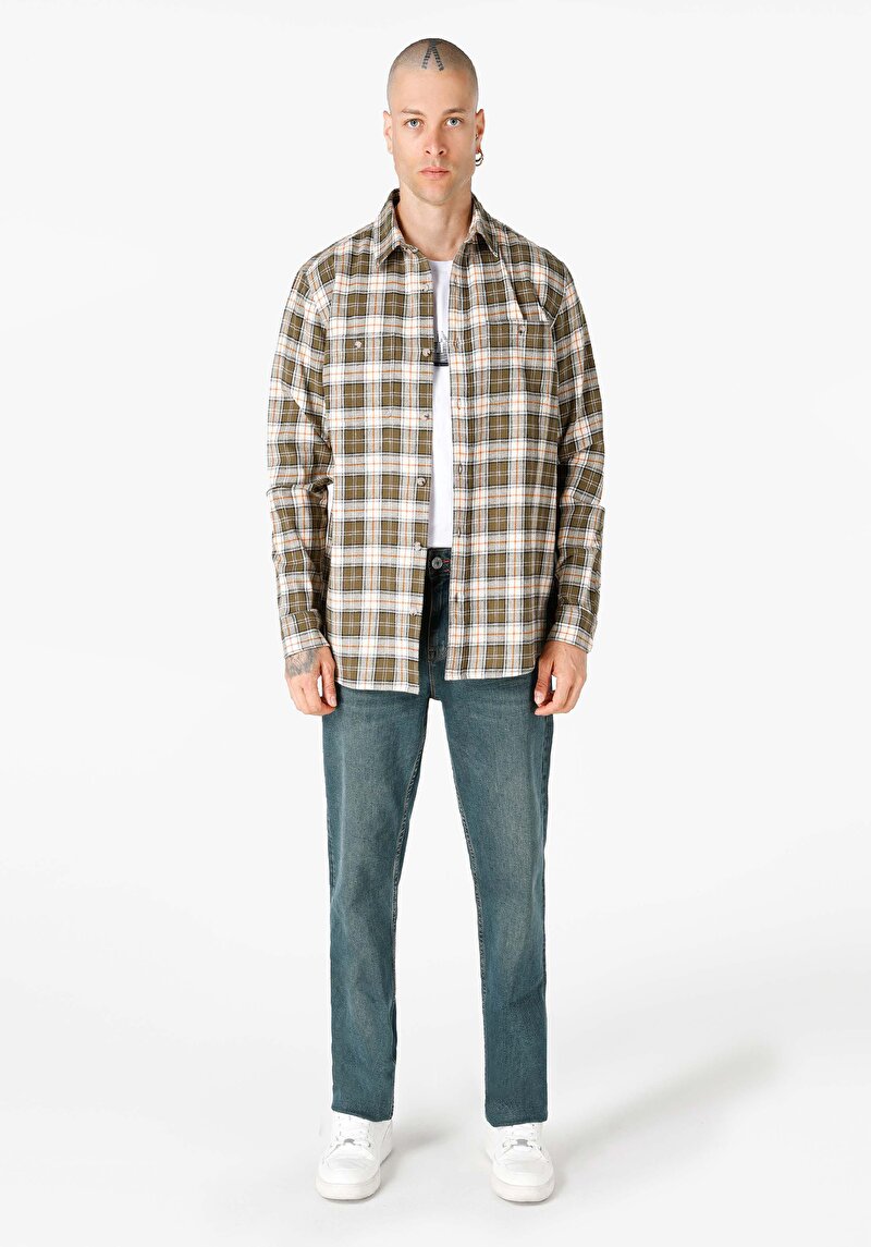 Regular Fit Shirt Neck Ekoseli Erkek Yeşil Uzun Kol Gömlek