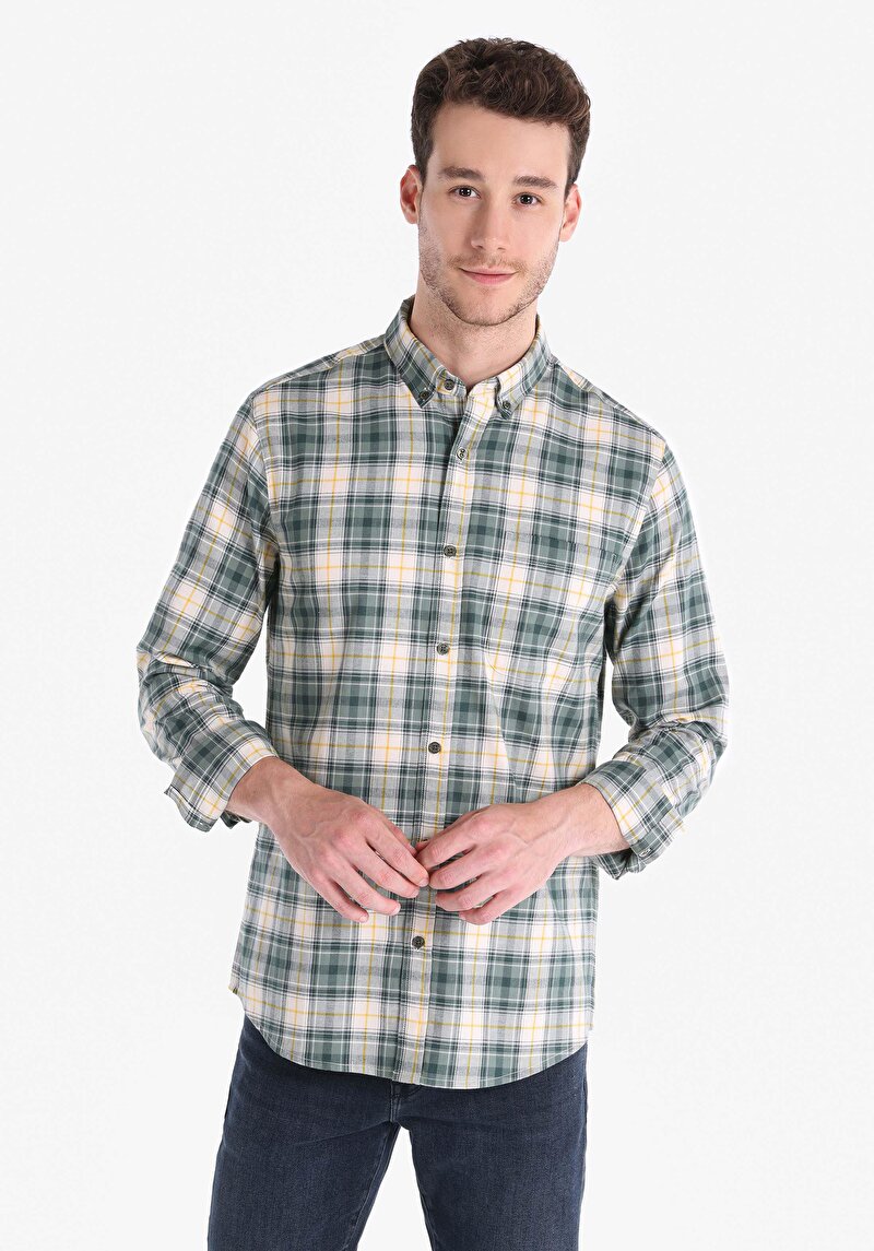 Slim Fit Shirt Neck Kareli Erkek Yeşil Uzun Kol Gömlek