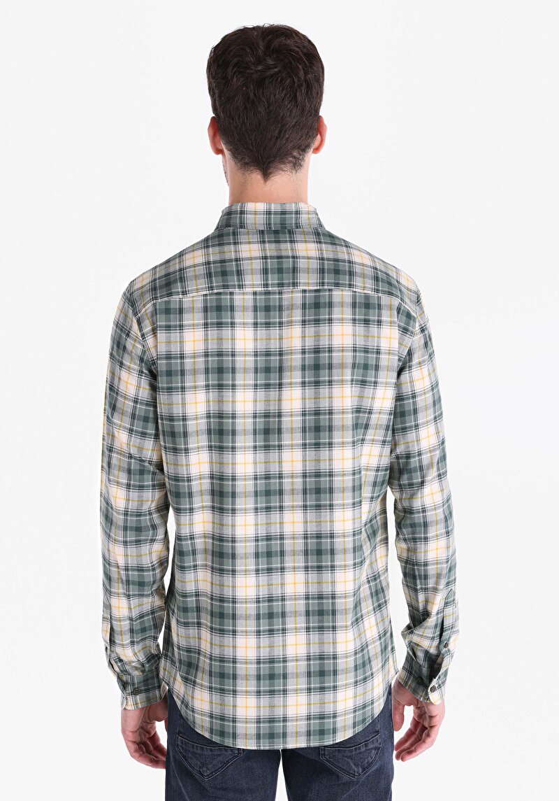 Slim Fit Shirt Neck Kareli Erkek Yeşil Uzun Kol Gömlek