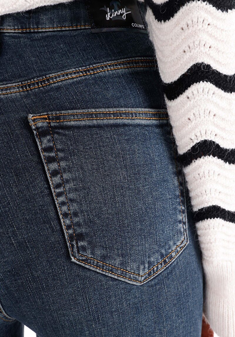 Skinny Fit Yüksel Bel Dar Paça Cepli Kadın İndigo Jean Pantolon