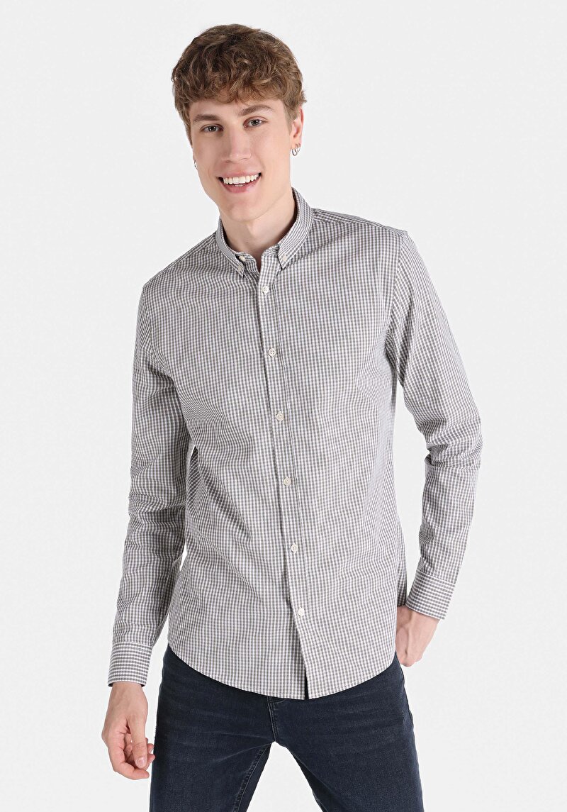 Slim Fit Shirt Neck Kareli Erkek Gri Uzun Kol Gömlek