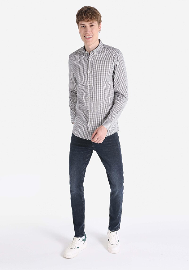Slim Fit Shirt Neck Kareli Erkek Gri Uzun Kol Gömlek