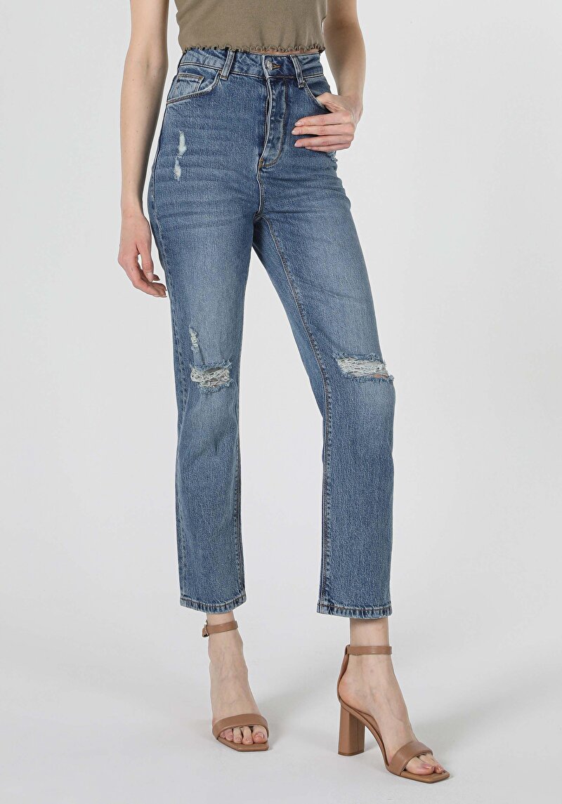 Straight Fit Yüksel Bel Bootcut Kadın Lacivert Jean Pantolon