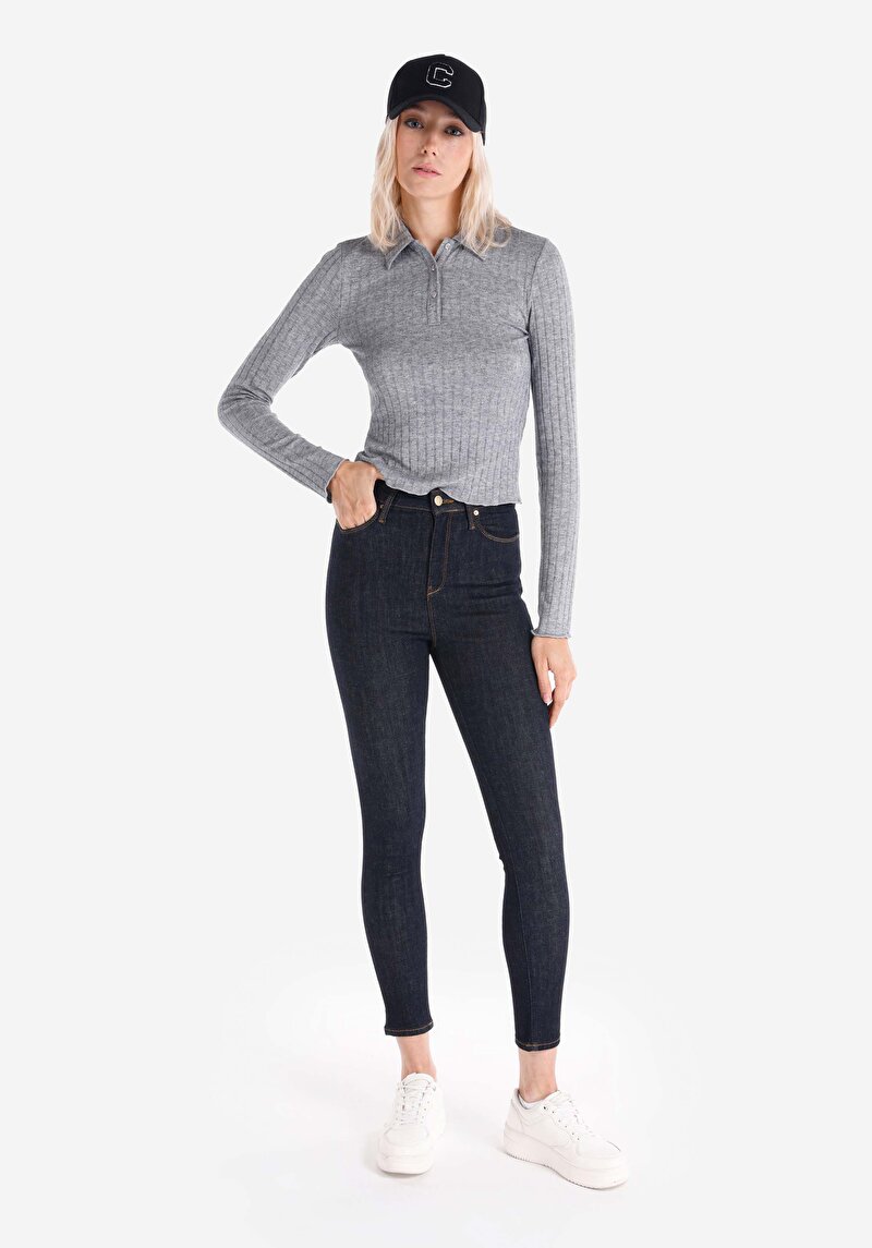 Skinny Fit Yüksek Bel Dar Paça Kadın İndigo Jean Pantolon