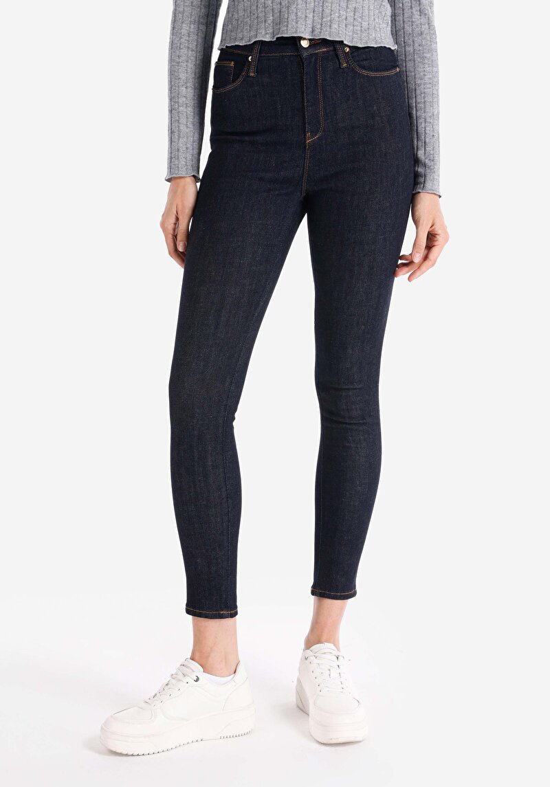 Skinny Fit Yüksek Bel Dar Paça Kadın İndigo Jean Pantolon