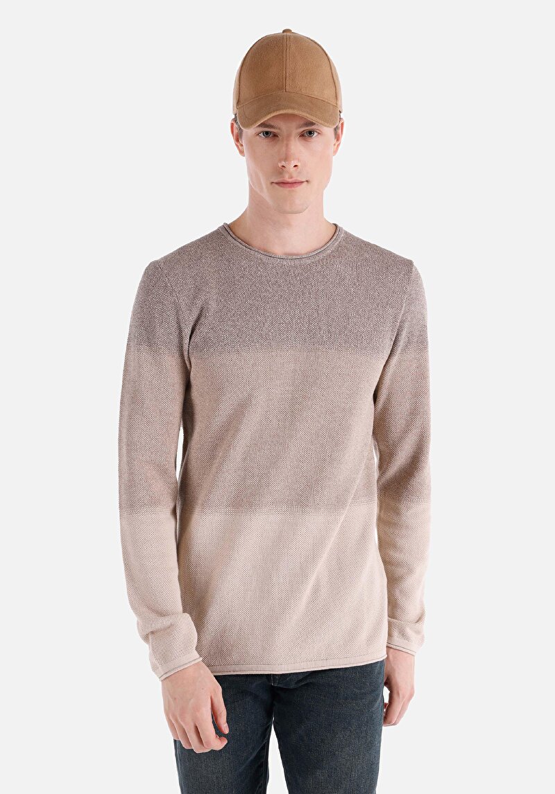 Regular Fit Yuvarlak Yaka Düz Erkek Bej Kazak