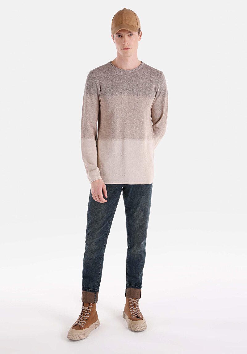 Regular Fit Yuvarlak Yaka Düz Erkek Bej Kazak