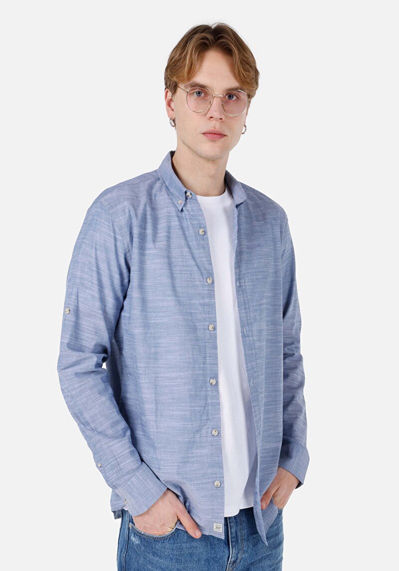 Regular Fit Shirt Neck Düz Erkek Mavi Roll-Up Gömlek