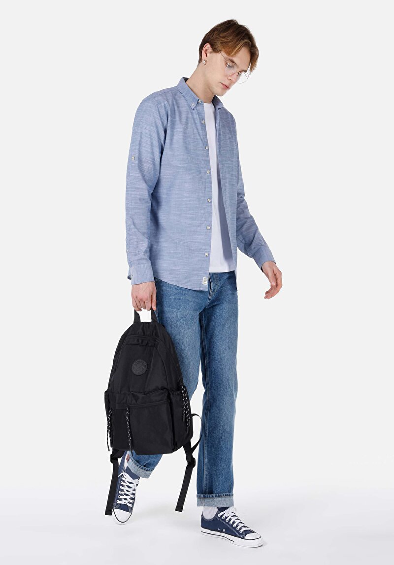 Regular Fit Shirt Neck Düz Erkek Mavi Roll-Up Gömlek