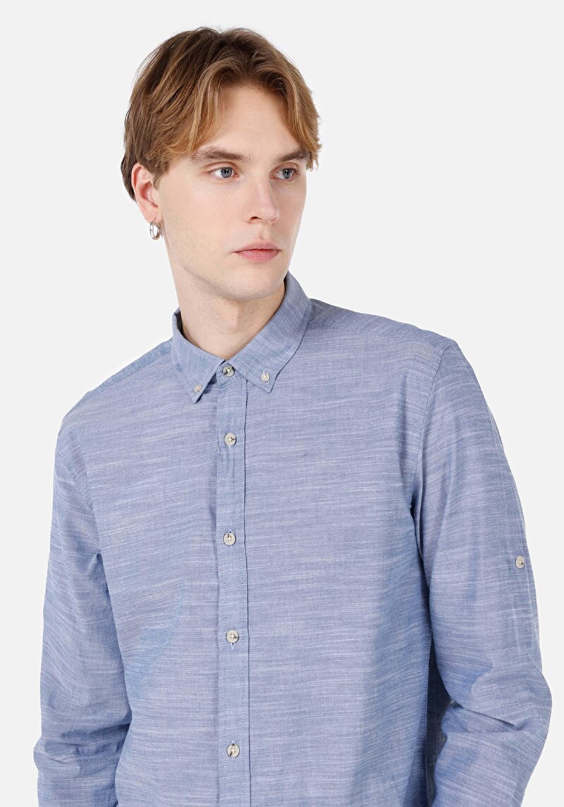 Regular Fit Shirt Neck Düz Erkek Mavi Roll-Up Gömlek