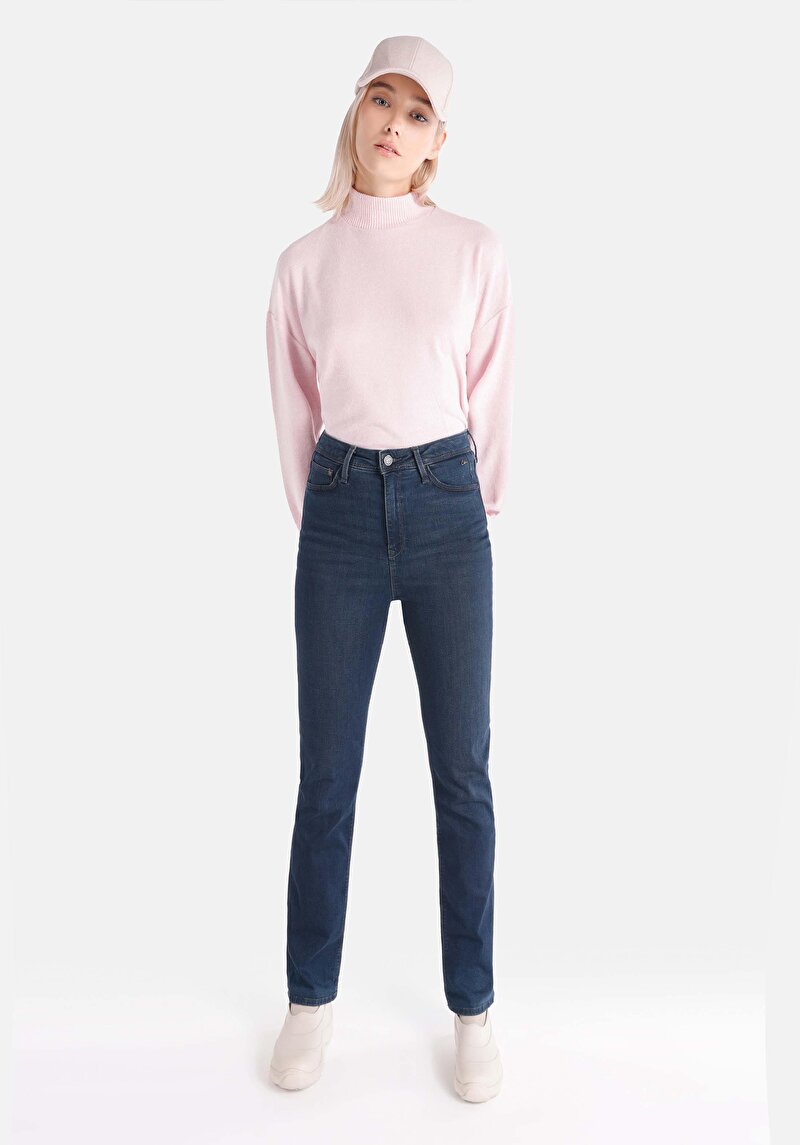 Regular Fit Orta Bel Slim Straight Leg Kadın Koyu İndigo Jean Pantolon