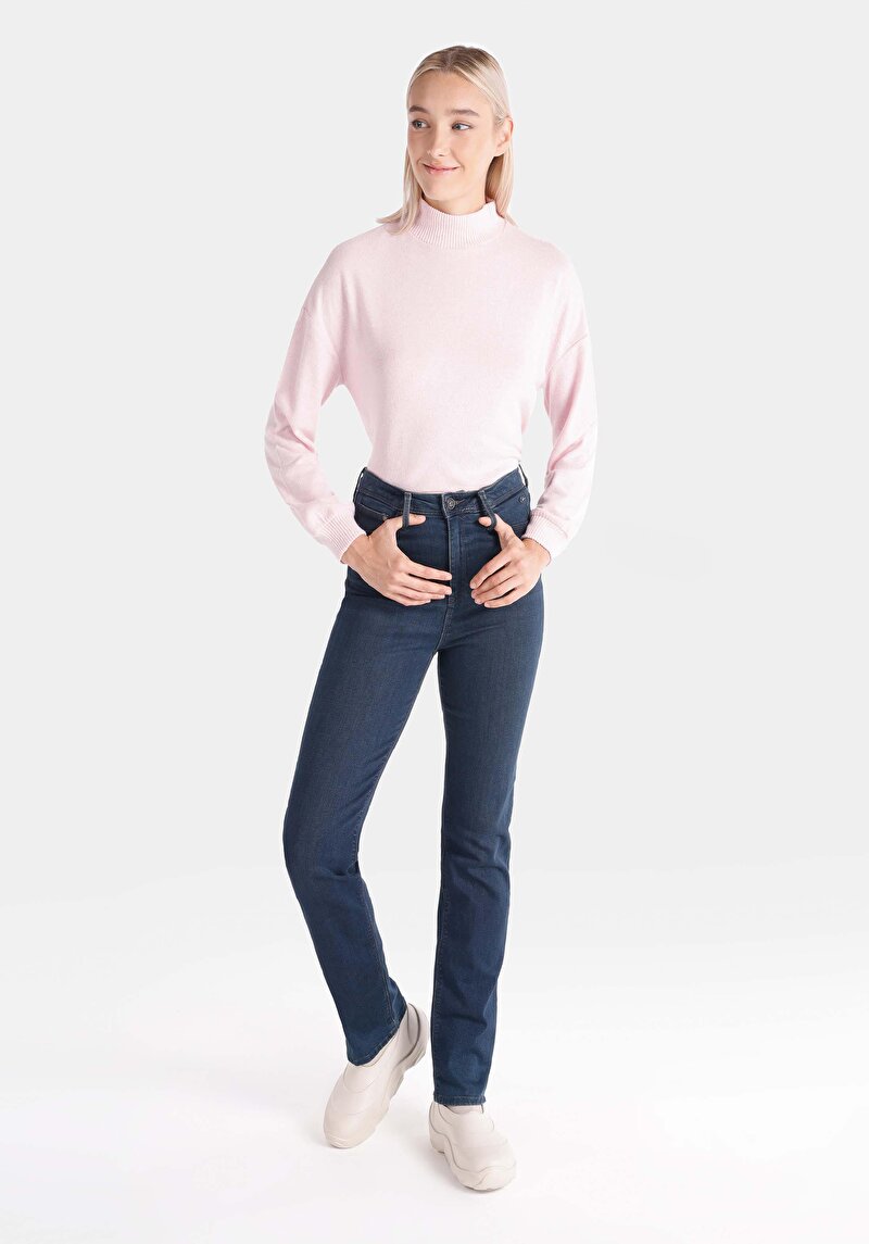 Regular Fit Orta Bel Slim Straight Leg Kadın Koyu İndigo Jean Pantolon