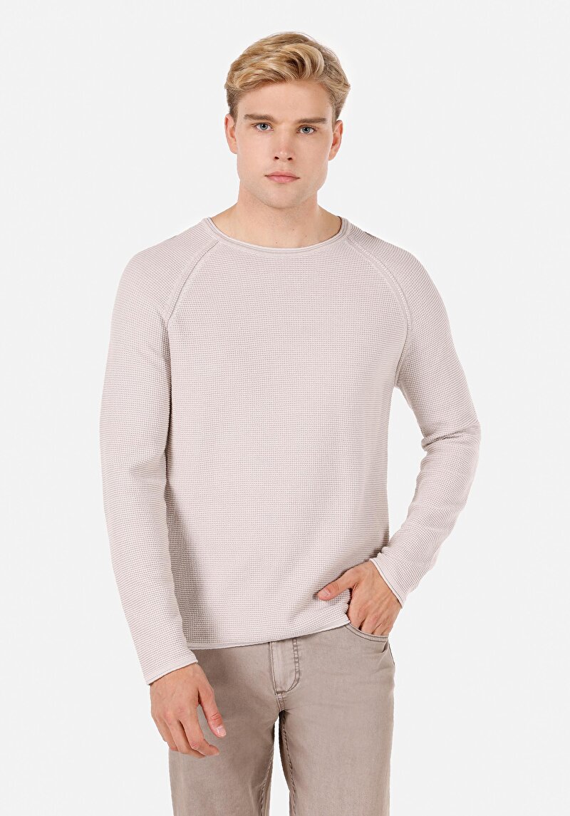 Regular Fit Yuvarlak Yaka Jakarlı Erkek Bej Kazak