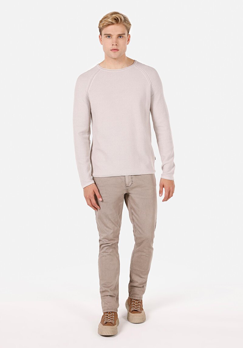 Regular Fit Yuvarlak Yaka Jakarlı Erkek Bej Kazak