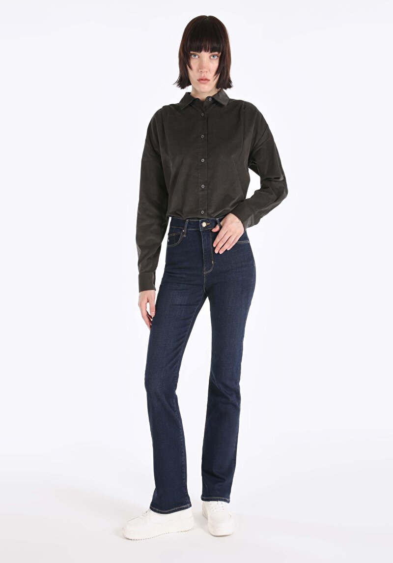 Slim Fit Yüksek Bel Ispanyol Paça Kadın İndigo Jean Pantolon