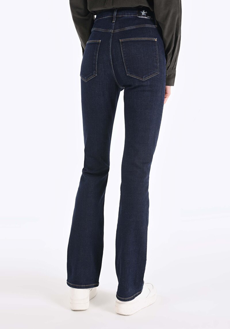 Slim Fit Yüksek Bel Ispanyol Paça Kadın İndigo Jean Pantolon
