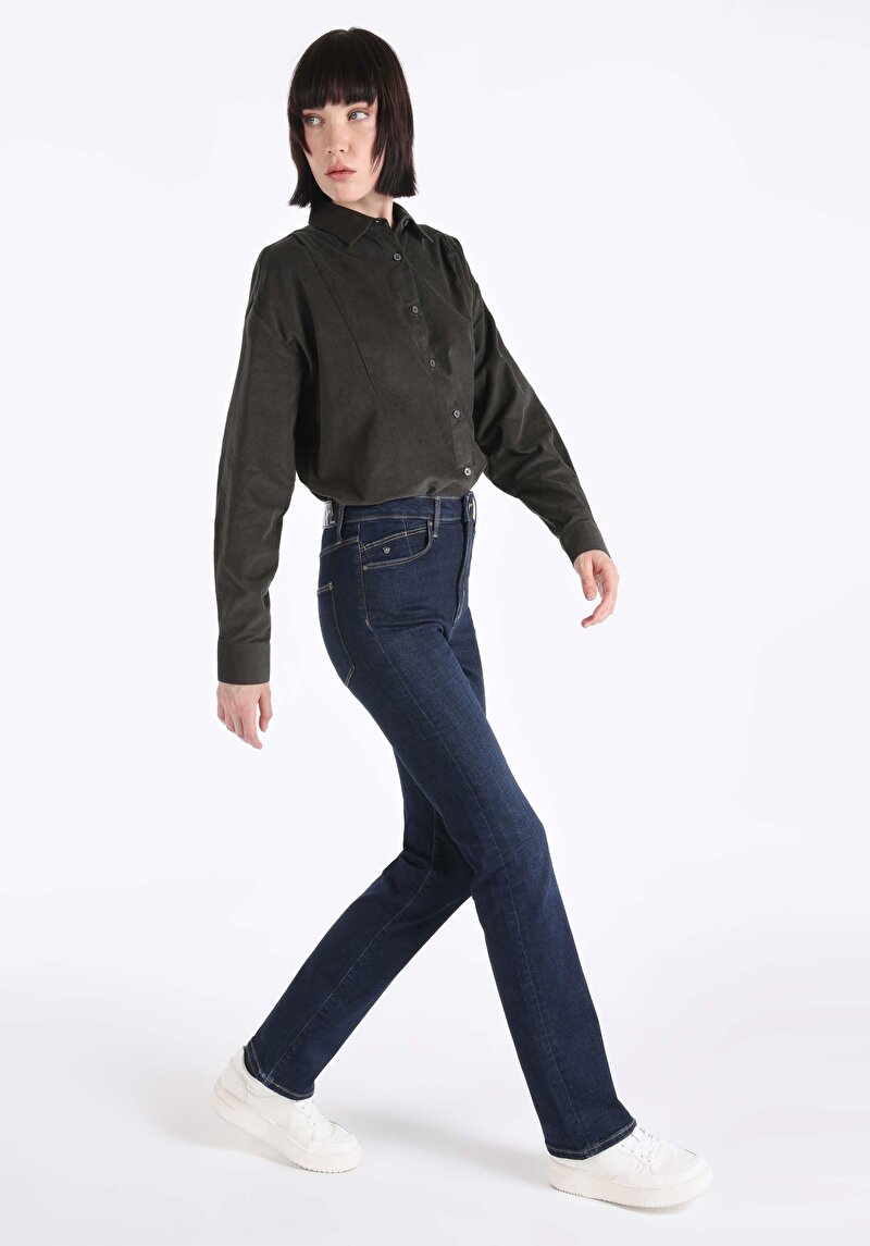 Slim Fit Yüksek Bel Ispanyol Paça Kadın İndigo Jean Pantolon