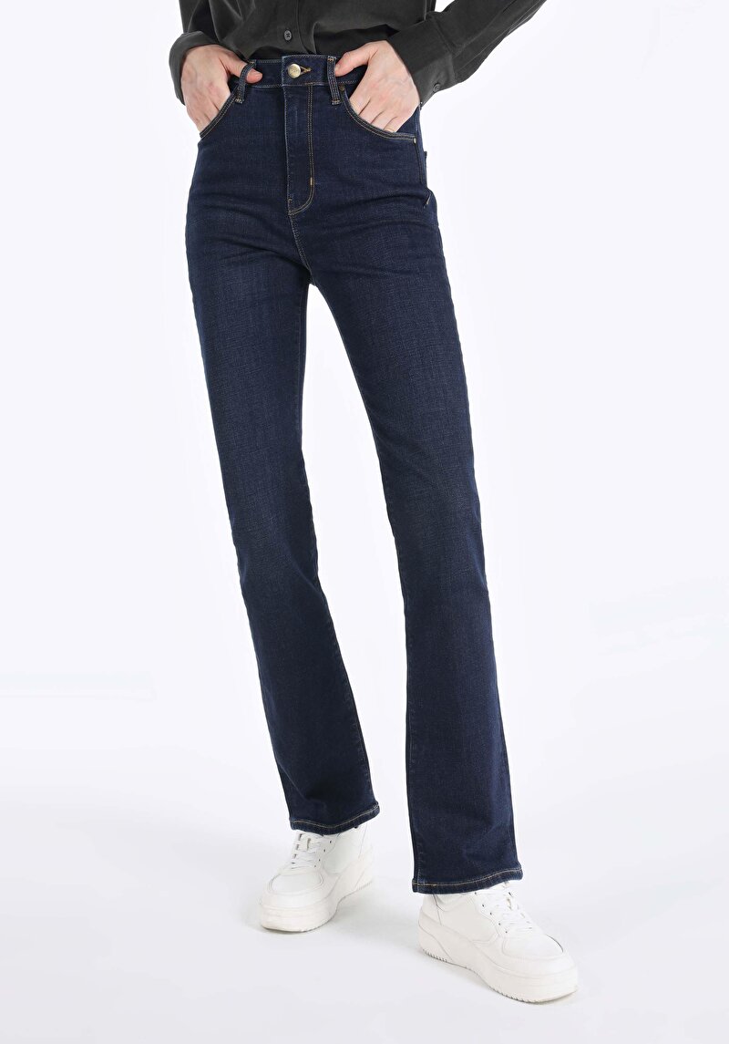 Slim Fit Yüksek Bel Ispanyol Paça Kadın İndigo Jean Pantolon