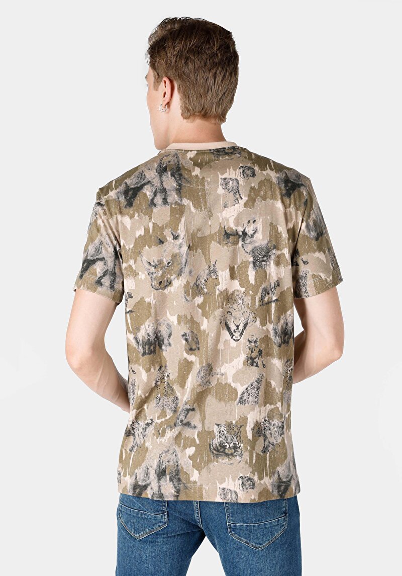 Comfort Fit Yuvarlak Yaka Erkek Bej Kısa Kol Tişört