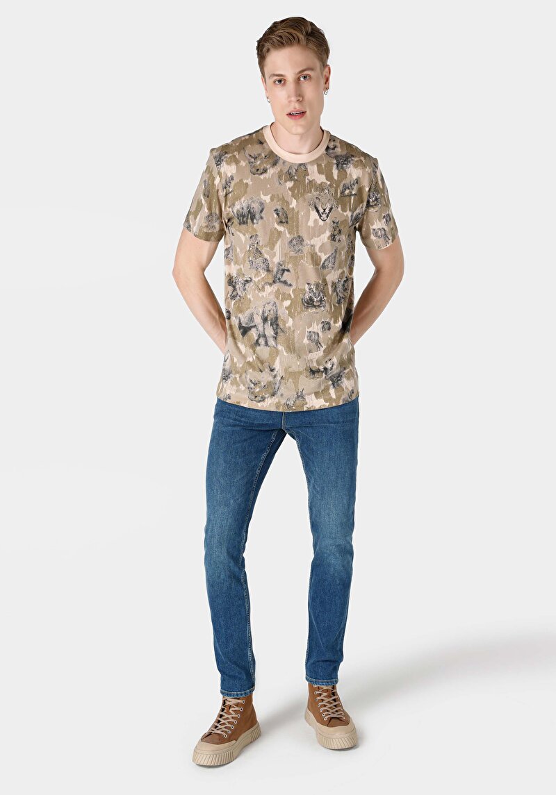 Comfort Fit Yuvarlak Yaka Erkek Bej Kısa Kol Tişört