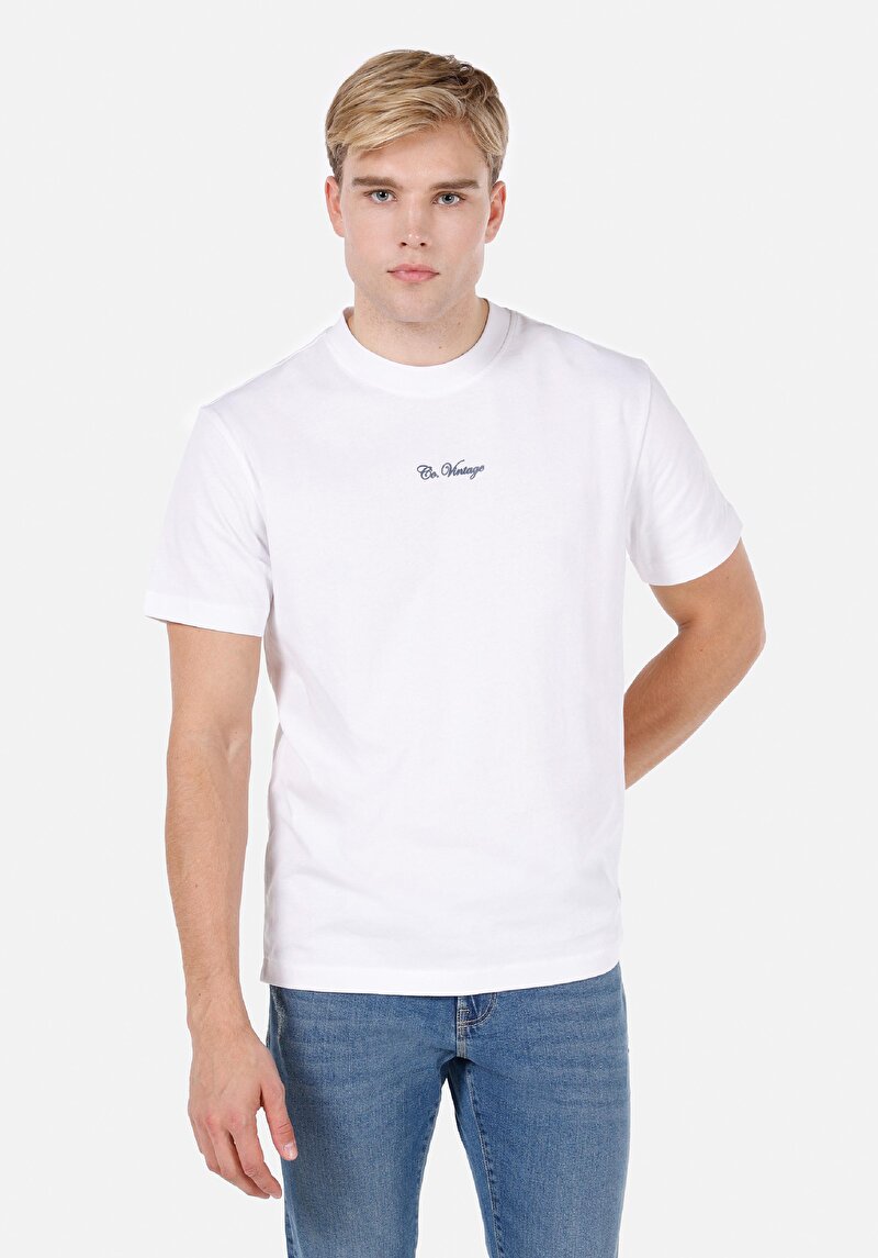 Comfort Fit Yuvarlak Yaka Nakışlı Erkek Beyaz Kısa Kol Tişört