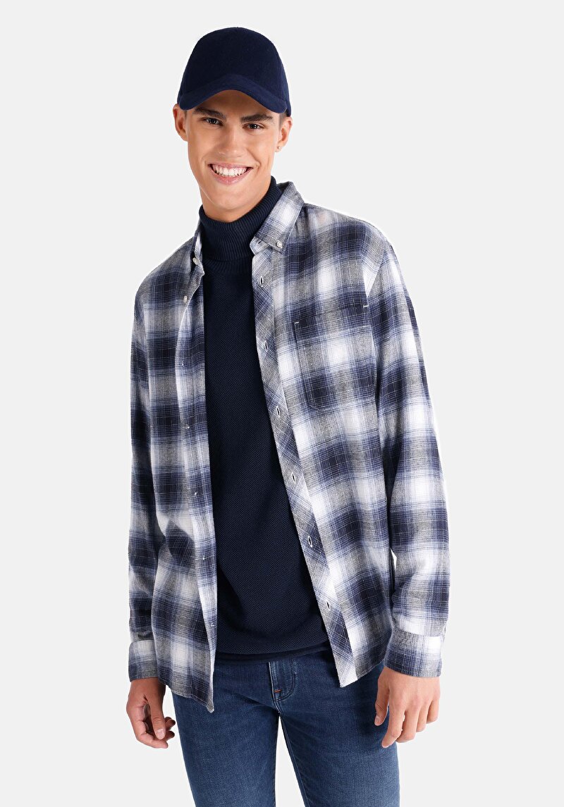 Regular Fit Shirt Neck Ekoseli Erkek Mavi Uzun Kol Gömlek