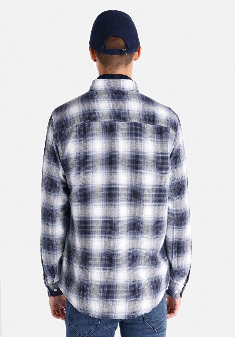 Regular Fit Shirt Neck Ekoseli Erkek Mavi Uzun Kol Gömlek