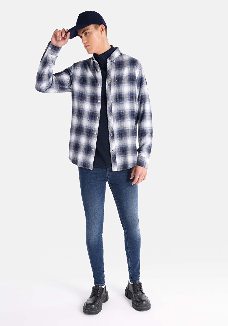 Regular Fit Shirt Neck Ekoseli Erkek Mavi Uzun Kol Gömlek