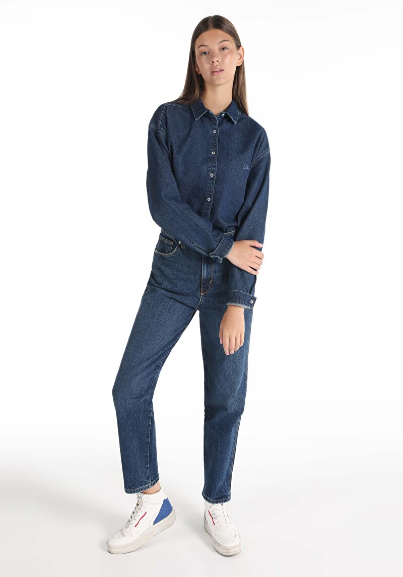 Straight Fit Yüksek Bel Düz Paça Kadın İndigo Jean Pantolon