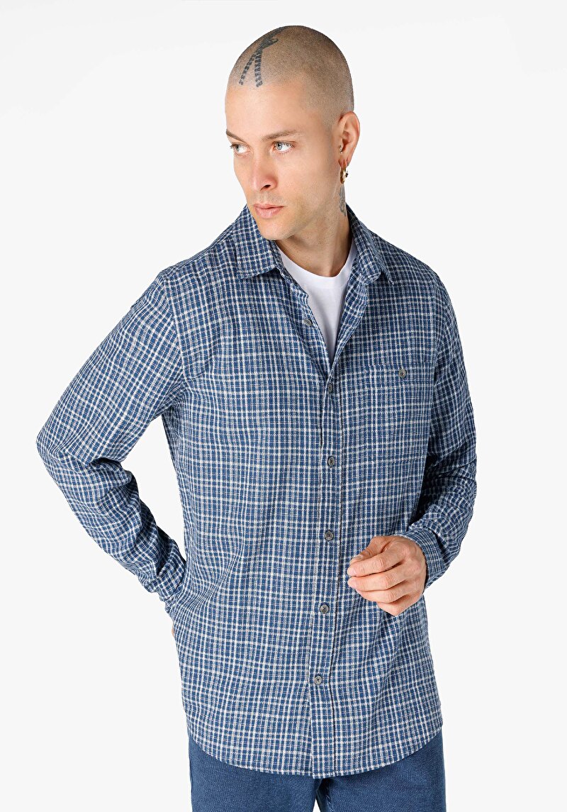 Slim Fit Shirt Neck Kareli Erkek Mavi Uzun Kol Gömlek